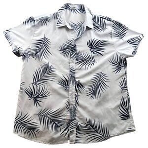 Mens Hawaiian Shirt Large Short Sleeve Palm Print Button Up Casual Beach White